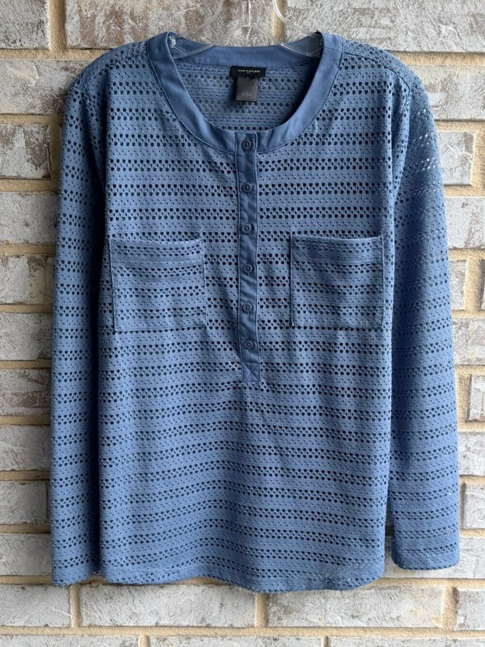 Ann Taylor Long Sleeve 1/2 Button Henley Stretch Neck Semi-Sheer Blue Size L